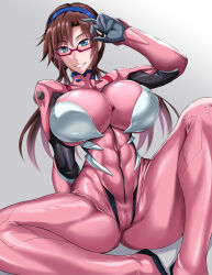  1girl abs blue_eyes breasts brown_hair cameltoe cleft_of_venus female_focus glasses grin highres large_breasts long_hair looking_at_viewer makinami_mari_illustrious neon_genesis_evangelion plugsuit puripuri_jet rebuild_of_evangelion skin_tight smile thick_thighs thighs twintails wide_hips  rating:Questionable score:44 user:Gfunk-ZX