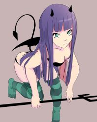 1girl ass bad_id bad_pixiv_id blunt_bangs breasts carebu cleavage demon_horns demon_tail demon_wings female_focus green_eyes highres horns leaning_forward long_hair medium_breasts multicolored_hair panty_&amp;_stocking_with_garterbelt pink_hair pitchfork polearm purple_hair simple_background solo stocking_(psg) striped_clothes striped_thighhighs tail thighhighs trident weapon wings
