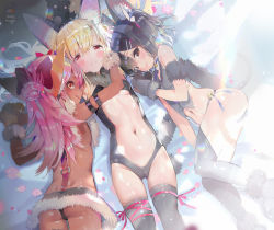 3girls :p animal_ears animal_hands armband ass bad_id bad_pixiv_id bell black_hair blonde_hair bow breasts brown_eyes chloe_von_einzbern collar crab_d dangerous_beast_(chloe) dangerous_beast_(illya) dangerous_beast_(miyu) dark-skinned_female dark_skin dimples_of_venus fate/kaleid_liner_prisma_illya fate_(series) fur_trim girl_sandwich gloves hair_bow illyasviel_von_einzbern jingle_bell long_hair lying miyu_edelfelt multiple_girls navel on_side orange_eyes paw_gloves petals red_eyes sandwiched short_hair sideboob small_breasts stomach tail tongue tongue_out rating:Questionable score:28 user:danbooru