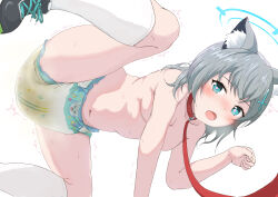  absurdres animal_ears blue_archive collar diaper grey_hair halo heart heart-shaped_pupils heavy_breathing highres kneehighs leash nakata_(chamcham) paw_pose peeing public_indecency public_nudity red_collar shiroko_(blue_archive) shoes short_hair socks symbol-shaped_pupils trembling 