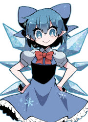  1girl blue_eyes blue_hair bow bowtie cirno doyagao fairy highres looking_at_viewer medium_hair pointy_ears red_bow red_bowtie short_sleeves smug solo touhou vest wings yoruuta 