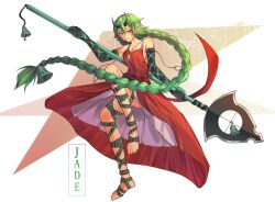  1girl anklet bandaged_foot bandaged_leg bandages bare_legs bare_shoulders barefoot bell braid breasts collarbone commentary commission demon_girl demon_horns detached_sleeves dress elbow_gloves english_commentary feet fighting_stance gem gloves green_gemstone green_hair hair_bell hair_ornament highres holding holding_polearm holding_weapon horns jade_(boltclash) jewelry kairostier long_hair medium_breasts original pointy_ears polearm purple_eyes red_dress second-party_source sideboob single_braid solo standing standing_on_one_leg toes very_long_hair weapon white_background 
