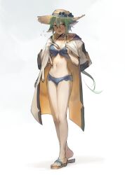  1girl animal_ears bikini blue_bikini blue_bow blue_hair blush borrowed_clothes bow breasts coat cotton_(cotton_birb) flying_sweatdrops full_body genshin_impact green_hair hair_between_eyes halterneck hat hat_bow highres long_hair looking_to_the_side multicolored_hair navel nervous open_mouth orange_eyes sandals small_breasts solo standing straw_hat streaked_hair sucrose_(genshin_impact) swimsuit white_background white_coat 
