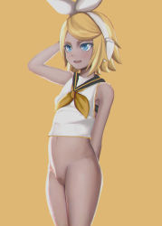  1girl arm_behind_back arm_up aruman black_bra blonde_hair blush bottomless bra breasts censored collarbone female_focus hairband highres kagamine_rin mosaic_censoring navel neckerchief open_mouth pussy shirt short_hair simple_background sleeveless sleeveless_shirt small_breasts smile solo standing third-party_edit underwear vocaloid white_hairband yellow_background  rating:Explicit score:38 user:Queen_of_traps