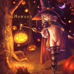 1girl absurdres blonde_hair blush bottomless cape cleft_of_venus copyright_request eyebrows fat_mons female_focus flat_chest functionally_nude halloween happy hat highres loli navel night nipples no_panties outdoors phallic pumpkin pussy sand skyclad smile solo striped thighhighs uncensored witch witch_hat yamada_(gotyui) rating:Explicit score:507 user:ganza
