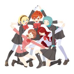  5girls :d aegis_(persona) android aqua_hair arm_up bad_tag bent_over black_footwear black_jacket black_skirt black_socks blonde_hair blue_eyes blush boots bow bowtie brown_eyes brown_footwear brown_hair cardigan choker closed_eyes closed_mouth collared_shirt commentary earphones finger_cannon full_body gekkoukan_high_school_uniform hair_ornament hair_over_one_eye hairclip headphones headphones_around_neck high_heel_boots high_heels high_ponytail highres jacket joints kirijou_mitsuru knee_boots kneehighs leaning_forward long_hair looking_at_viewer melkymelkii miniskirt multiple_girls on_one_knee one_eye_closed open_mouth outstretched_arms pantyhose parted_lips pentagram persona persona_3 persona_3_portable pink_cardigan pleated_skirt red_bow red_bowtie red_eyes red_hair ribbed_cardigan robot_ears robot_joints school_uniform shiomi_kotone shirt short_hair simple_background skirt smile socks spread_arms standing star_arms sweatdrop swept_bangs symbol-only_commentary takeba_yukari white_background white_choker white_pantyhose white_shirt white_socks yamagishi_fuuka 