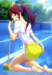  10s 1girl ;o absurdres artist_request ass bare_legs barefoot broom cleaned empty_pool feet female_focus free! gym_shorts highres kneeling legs long_hair matsuoka_gou non-web_source nyantype official_art one_eye_closed open_mouth ponytail pool red_eyes red_hair shirt shorts soles solo tied_shirt toes  rating:Sensitive score:72 user:spiderfan