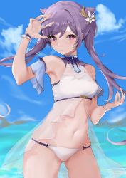  1girl armpits bikini breasts genshin_impact highres keqing_(genshin_impact) outdoors see-through small_breasts solo swimsuit tagme  rating:Questionable score:30 user:cwp0033