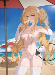  1girl absurdres bare_shoulders battle_mage_(dungeon_and_fighter) beach beach_umbrella black_tail blonde_hair blue_sky breasts chukibabo2 cloud commentary_request cowboy_shot crossed_bangs day demon_girl demon_horns demon_tail dungeon_and_fighter elbow_gloves food food_in_mouth food_on_body food_on_breasts gloves groin hair_between_eyes highres holding holding_food holding_own_hair holding_popsicle holding_with_tail horizon horns korean_commentary lens_flare light_blush light_rays long_hair looking_at_viewer mage_(dungeon_and_fighter) medium_breasts melting navel ocean open_mouth orange_eyes outdoors pointy_ears popsicle prehensile_tail shore simple_bird sky slingshot_swimsuit solo standing stomach sunbeam sunlight sweat swimsuit tail thighhighs tongue twintails umbrella very_long_hair white_gloves white_horns white_slingshot_swimsuit white_thighhighs 