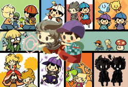  6+boys alternate_color arm_up arms_up baseball_cap black_bow black_bowtie black_hair blonde_hair blue_headwear blue_shorts blush_stickers bow bowl_cut bowtie brown_bag brown_shorts burnt casting_spell charizard checkered_clothes checkered_shirt claus_(mother_3) claus_(mother_3)_(cosplay) cosplay creatures_(company) crown dog_(duck_hunt) dress duck_hunt ducking facial_hair freckles game_freak gen_1_pokemon glasses green_headwear green_jacket green_pants grey_hair grin hands_on_own_head hands_on_own_hips hat hitofutarai index_finger_raised jacket jeff_andonuts kirby kirby_(series) lucas_(mother_3) luigi mario_(series) masked_man_(mother_3) midriff_peek mini_person miniboy mother_(game) mother_2 mother_3 multiple_boys mustache ness_(mother_2) nintendo open_mouth orange_dress outline overalls pants player_2 pokemon pokemon_(creature) princess_peach purple_footwear purple_headwear purple_shorts purple_socks raglan_sleeves red_shorts rocket running sharp_teeth shirt shorts sideways_hat smile socks solid_oval_eyes squiggle striped_clothes striped_shirt super_mushroom super_smash_bros. teeth waving white_headwear white_outline white_shirt white_socks yoshi 
