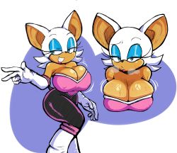 1girl absurdres bat_wings boots breasts cleavage gloves heavy_breathing highres large_breasts latex pseudocel rouge_the_bat sega sonic_(series) sweat tail white_fur wings rating:Questionable score:57 user:CovArd