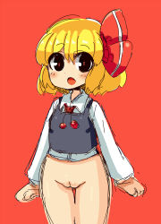  1girl black_shirt blonde_hair blush bottomless bow cleft_of_venus hair_bow long_sleeves looking_at_viewer necktie open_mouth pozesuke pussy red_background red_eyes red_neckwear rumia shirt short_hair sleeveless sleeveless_shirt standing touhou white_shirt 