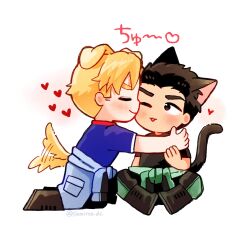  2boys animal_ears ao_isami black_hair black_shirt blonde_hair blue_jumpsuit blue_shirt blush boots butterfly_sitting cat_boy cat_ears cat_tail chibi closed_eyes couple dog_boy dog_ears dog_tail facial_hair green_jumpsuit hand_on_another&#039;s_hand hand_on_another&#039;s_shoulder heart highres jumpsuit jumpsuit_around_waist kemonomimi_mode kiss kiss_day kissing_cheek kneeling lewis_smith male_focus multiple_boys one_eye_closed shirt short_hair sideburns_stubble simple_background sitting sound_effects stubble sumicco_dc tail tail_wagging twitter_username white_background yaoi yuuki_bakuhatsu_bang_bravern 