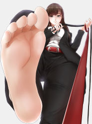  1girl asahina_yuzuki brown_eyes brown_hair business_suit feet femdom foot_focus formal highres i-chu leash long_hair looking_at_viewer office_lady pov shimotsuki_ao simple_background smile soles solo suit toes white_background  rating:Questionable score:57 user:shadeofthemorningsun