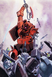 1980s_(style) 2006 army battle beam_rifle beam_saber broken char_aznable cover damaged dated earth_federation energy_gun gm_(mobile_suit) gundam heat_hawk highres magazine_cover mecha military mobile_suit mobile_suit_gundam no_humans official_art oldschool one-eyed promotional_art retro_artstyle robot scan science_fiction shield shoulder_spikes signature spikes surrounded thrusters traditional_media weapon yasuhiko_yoshikazu zaku_ii_s_char_custom zeon 