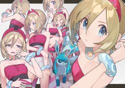  1girl ^_^ bare_shoulders blonde_hair blue_eyes closed_eyes closed_mouth collarbone creatures_(company) game_freak gen_4_pokemon glaceon hair_between_eyes highres holding holding_poke_ball irida_(pokemon) letterboxed looking_at_viewer multiple_views nao_(syn_eaa) nintendo open_mouth poke_ball poke_ball_(basic) pokemon pokemon_(creature) pokemon_legends:_arceus short_hair shorts smile squatting white_shorts 
