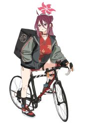 1girl ahoge bicycle black_socks blue_archive blush breasts china_dress chinese_clothes dress earrings food_delivery_box full_body gomibako_(gomibako_price) green_jacket hair_between_eyes hair_bun hair_ornament hairpin half_updo halo hand_in_pocket highres jacket jewelry large_breasts long_hair long_sleeves looking_at_viewer mole mole_under_eye open_clothes open_jacket parted_lips partially_unzipped pelvic_curtain purple_hair red_eyes reijo_(blue_archive) riding riding_bicycle road_bicycle shoes short_dress shoulder_strap simple_background single_hair_bun sneakers socks solo standing standing_on_one_leg stud_earrings thigh_strap v-shaped_eyebrows white_background 