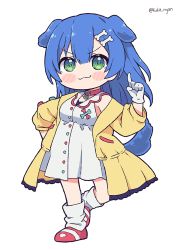&gt;:3 1girl :3 alternate_eye_color alternate_hair_color animal_ears arm_up artist_name blue_hair blush_stickers bone_hair_ornament cartoon_bone chocolate_cornet collar dog_ears dog_girl dog_tail dress food gloves green_eyes hair_ornament hairclip hand_on_hip highres hololive index_finger_raised inugami_korone jacket kukie-nyan long_hair looking_at_viewer off_shoulder parody red_footwear shoes short_dress sleeveless sleeveless_dress smile socks solo sonic_(series) standing tail virtual_youtuber white_dress white_footwear white_gloves yellow_jacket