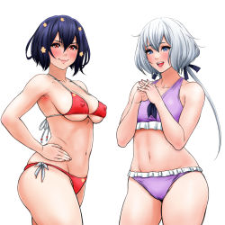  2girls bikini black_hair blue_eyes breasts collarbone commentary_request covered_erect_nipples cowboy_shot flat_chest flower frilled_bikini frills groin hair_flower hair_ornament hand_on_own_hip highres konno_junko large_breasts lips looking_at_viewer low_twintails medium_breasts mizuno_ai multiple_girls navel purple_bikini red_bikini red_eyes short_hair side-tie_bikini_bottom simple_background superslyme swimsuit twintails white_background white_hair zombie_land_saga 