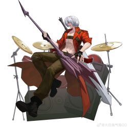  1boy band bass_guitar belt_bra black_gloves blue_eyes boots coat crop_top dante_(devil_may_cry) devil_may_cry devil_may_cry_(series) devil_may_cry_3 drum drum_set electric_guitar fingerless_gloves gloves guitar highres holding instrument male_focus music nevan playing_instrument red_coat simple_background sitting_on_drum smile solo weapon white_hair 