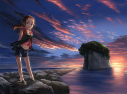 1girl arms_behind_back bare_legs brown_hair child cloud flip-flops freckles full_body hair_ornament hairclip highres island legs looking_at_viewer midriff navel no_socks ocean original outdoors pigeon-toed ponytail sandals sao9434 scenery short_sleeves shorts sky solo standing sunset tagme twilight twintails water rating:Sensitive score:7 user:danbooru