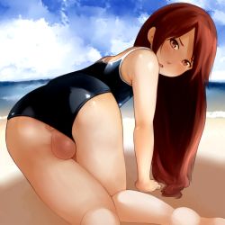  1boy all_fours androgynous anus anus_peek ass beach bent_over black_one-piece_swimsuit blush brown_eyes brown_hair clothing_aside cloud crossdressing from_behind frown long_hair looking_at_viewer looking_back male_focus one-piece_swimsuit open_mouth original outdoors red_eyes red_hair school_swimsuit shota sky solo swimsuit swimsuit_aside testicle_peek testicles trap wachiwo  rating:Explicit score:325 user:BlueBaroness