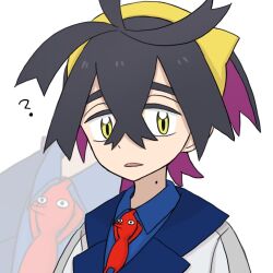  1boy ? black_hair blue_shirt collared_shirt colored_inner_hair commentary_request creatures_(company) crossed_bangs crossover game_freak hair_between_eyes hairband highres jacket kieran_(pokemon) male_focus mole mole_on_neck multicolored_hair nintendo open_mouth pikmin_(series) pokemon pokemon_sv red_pikmin riko_(m_momomo28) shirt white_background yellow_hairband zoom_layer 