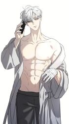 1boy abdominal_line ahoge baek_siyun black_pants cellphone closed_mouth dreaming_freedom highres long_hair looking_to_the_side open_clothes open_shirt pants pectorals phone serious shirt simple_background white_background white_eyes white_hair white_shirt