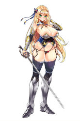  1girl armor blonde_hair breasts full_body greaves green_eyes huge_breasts princess_knight simple_background standing sword thighhighs weapon white_background  rating:Questionable score:11 user:BigDame77