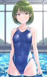  1girl arms_at_sides blue_one-piece_swimsuit breasts competition_swimsuit covered_navel green_hair highleg highleg_swimsuit highres idolmaster idolmaster_shiny_colors nanakusa_nichika one-piece_swimsuit short_hair small_breasts solo swimsuit thames3 two-tone_swimsuit wading water yellow_eyes 