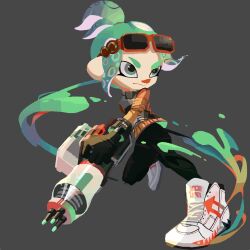  1girl absurdres andou_azk closed_mouth commentary_request eyewear_on_head full_body green_eyes green_hair grey_background gun heavy_edit_splatling_(splatoon) high_ponytail high_tops highres holding holding_gun holding_weapon medium_hair nintendo octoling octoling_girl octoling_player_character red-framed_eyewear shoes short_ponytail simple_background sneakers solo splatoon_(series) splatoon_3 sunglasses tentacle_hair weapon white_footwear 