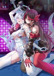 2girls absurdres ahoge anka_(tower_of_fantasy) asymmetrical_legwear bare_shoulders black_choker black_hair black_jacket black_skirt black_thighhighs blue_eyes blush bound bound_wrists breasts choker closed_mouth clothing_cutout covered_navel criss-cross_halter cuffs dress earrings elbow_gloves garter_straps gloves halo halterneck hand_on_another&#039;s_thigh handcuffs highleg highres hug hug_from_behind jacket jewelry large_breasts lazgear long_hair long_sleeves looking_at_another looking_at_viewer miniskirt mismatched_legwear multicolored_hair multiple_girls no_shoes nose_blush off_shoulder open_mouth panty_straps partially_fingerless_gloves pelvic_curtain pink_eyes pleated_skirt red_gloves red_thighhighs revealing_clothes roslyn_(tower_of_fantasy) see-through shaded_face short_dress sideboob sitting skindentation skirt sleeveless sleeveless_dress smile spaghetti_strap streaked_hair tail thighhighs thighs torn_clothes torn_dress tower_of_fantasy underboob underboob_cutout very_long_hair wariza white_dress white_gloves white_hair white_thighhighs yuri zettai_ryouiki 