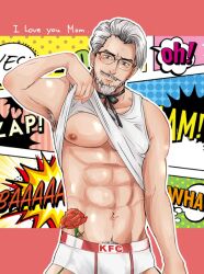 1boy abs armpit_hair bara bare_pectorals blush boxer_briefs bulge colonel_sanders cowboy_shot english_text facial_hair flower flower_in_clothes glasses grey_hair head_tilt highres kfc lifting_own_clothes looking_at_viewer male_focus male_underwear mature_male mustache navel nipples pectorals presenting_pectorals rose schwinn57 seductive_smile short_hair sideburns smile solo stomach tank_top toned toned_male underwear white_hair white_male_underwear white_tank_top