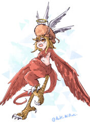  1girl absurdres animal animal_on_head aoki_midori_(artist) bird_legs blonde_hair breasts commentary digitigrade feathered_wings feathers halo harpy highres long_hair monster_girl navel on_head orange_eyes original red_feathers red_wings small_breasts solo talons twitter_username white_background winged_arms wings 