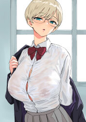  1girl :o absurdres blonde_hair bow bowtie breasts button_gap cleavage covered_erect_nipples glasses green_eyes grey_skirt highres large_breasts looking_at_viewer nekoi_mie no_bra original rimless_eyewear round_eyewear shirt shirt_tucked_in short_hair skirt solo striped_bow striped_bowtie striped_clothes underwear undressing white_shirt 