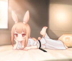  1girl animal_ear_fluff animal_ears barefoot belt black_belt bright_pupils brown_eyes brown_hair chinese_commentary commentary_request dougi indoors kuma-bound loli long_hair looking_at_viewer low_ponytail martial_arts_belt nipple_slip nipples original pants rabbit_ears rabbit_girl rabbit_tail soles solo sunlight tail white_pants white_pupils window 