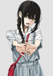  1girl bag black_hair braid chainsaw_man collared_shirt cowboy_shot interlocked_fingers lower_teeth_only nayuta_(chainsaw_man) open_mouth outstretched_arms own_hands_together red_bag ringed_eyes shiren_(ourboy83) shirt shoulder_bag sidelocks simple_background solo stretching teeth white_background yellow_eyes 