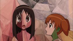  2girls abstract_background azumanga_daiou black_hair brown_hair crossover dot_nose facepaint kasuga_ayumu long_hair looking_at_another looking_at_viewer mihama_chiyo mit4a multiple_girls music open_mouth orange_hair parody short_twintails singing somebody_that_i_used_to_know twintails 