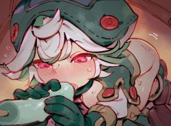  1girl blush commentary_request female_focus food gloves green_gloves green_hair green_hat gsusart hat loli made_in_abyss multicolored_hair pink_eyes popsicle prushka sexually_suggestive short_hair solo sweat two-tone_hair white_hair  rating:Explicit score:130 user:danbooru