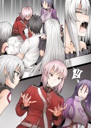 ! !! 1boy 4girls blood blood_on_hands bodysuit breasts camisole closed_eyes comic crying fate/grand_order fate_(series) florence_nightingale_(fate) fujimaru_ritsuka_(male) ginhaha green_eyes jack_the_ripper_(fate/apocrypha) jeanne_d&#039;arc_(fate) jeanne_d&#039;arc_alter_(avenger)_(fate) jeanne_d&#039;arc_alter_(fate) large_breasts long_hair military military_uniform minamoto_no_raikou_(fate) multiple_girls on_bed open_mouth pain pink_eyes pink_hair purple_bodysuit purple_hair screaming short_hair shoulder_tattoo silver_hair surprised tattoo uniform rating:Sensitive score:7 user:danbooru