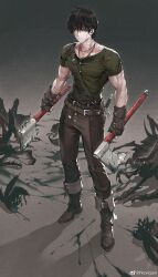 1boy absurdres animal axe belt blood blood_on_face blood_splatter bloody_weapon boots brown_hair bug commentary_request dual_wielding fingerless_gloves full_body gloves harten_sieg_filbrio highres holding holding_axe holding_weapon jewelry jun_(navigavi) leather leather_gloves looking_at_viewer male_focus monster necklace original oversized_animal scar scar_on_arm sheath sheathed short_hair short_sleeves solo sword weapon weibo_logo weibo_watermark yellow_eyes rating:General score:9 user:danbooru