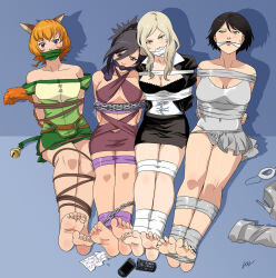  4girls animal_ears arms_behind_back barefoot bdsm black_hair blush bondage bound bound_ankles bound_arms bound_legs breasts broken_phone brown_eyes brown_hair cat_ears cat_girl cat_tail cellphone chain chained cleavage cleave_gag cloth_gag crossover damselbinder fire_emblem fire_emblem:_path_of_radiance fujibayashi_sheena gag gagged green_eyes improvised_gag legs lethe_(fire_emblem) looking_at_viewer lost_one_zero medium_breasts multiple_girls nail_polish nintendo no_more_heroes over_the_mouth_gag phone purple_eyes skirt spectra_(damselbinder) sylvia_christel tail tales_of_(series) tales_of_symphonia tape tape_bondage thighs toenail_polish toenails 
