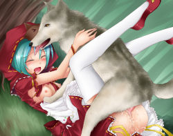 &gt;_&lt; 1girl aqua_hair bad_id bad_pixiv_id bestiality big_bad_wolf blush breasts censored closed_eyes cosplay cum cum_in_pussy fox_mask grimm&#039;s_fairy_tales hatsune_miku legs little_red_riding_hood little_red_riding_hood_(grimm) little_red_riding_hood_(grimm)_(cosplay) loli mask medium_breasts mosaic_censoring nipples open_mouth outdoors penis project_diva project_diva_(series) project_diva_2nd saliva sex shimo_(depthbomb) solo_focus sweat tears thighhighs torn_clothes vaginal vocaloid white_thighhighs wolf rating:Explicit score:311 user:danbooru