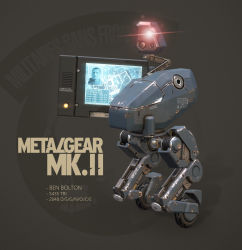  3d benbolton character_name commentary damaged dirty emblem english_commentary english_text fake_screenshot gears glowing glowing_eye highres konami lens_flare light logo machinery map mecha metal_gear_(series) metal_gear_mk._ii metal_gear_solid_4 monitor one-eyed realistic red_eyes robot science_fiction signature video_game wheel 