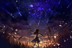  1girl ahoge autumn backlighting cloud commentary dark dress from_behind grass light_particles light_rays long_hair nanon_01 night night_sky original outstretched_arms purple_hair scenery shooting_star sky solo star_(sky) sunlight sunset wind 
