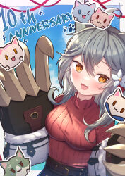  1girl :d ahoge animal_ears anniversary belt belt_buckle black_belt black_skirt blue_sky blush breasts buckle claw_(weapon) cloud commentary_request fang granblue_fantasy grey_hair hair_between_eyes high-waist_skirt highres long_hair looking_at_viewer medium_breasts open_mouth orange_eyes pleated_skirt red_sweater ribbed_sweater sen_(granblue_fantasy) skirt sky smile solo sweater turtleneck turtleneck_sweater uneg weapon 