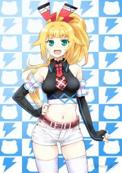  1girl :d absurdres arm_behind_back bare_shoulders belt black_gloves black_shirt blonde_hair breasts checkered_background clenched_hand collared_shirt commentary_request commission cowboy_shot crop_top dengekiko elbow_gloves fingerless_gloves gloves green_eyes hair_ornament hand_on_own_hip happy highres hip_focus kow_(kow0117) legs_apart long_hair medium_breasts midriff navel necktie neptune_(series) open_mouth pixiv_commission ponytail red_belt red_necktie shirt short_shorts shorts sleeveless sleeveless_shirt smile sofmap_background solo step_and_repeat striped_belt thighhighs thighs very_long_hair white_shorts 