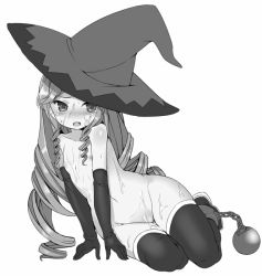  boots cum facial gloves greyscale hat loli long_hair mokyu_(kukoudesu) monochrome tagme witch_hat  rating:Explicit score:25 user:arriant