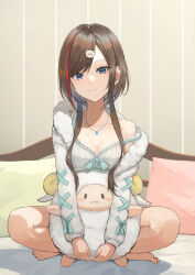  1girl absurdres babydoll barefoot bed blue_bow blue_eyes blue_ribbon bow breasts brown_hair cardigan cleavage hair_ornament highres indian_style jewelry kurusu_natsume kurusu_natsume_(3rd_costume) long_hair looking_at_viewer medium_breasts multicolored_hair necklace nightgown nijisanji off_shoulder pillow red_hair ribbon ribbon-trimmed_sleeves ribbon_trim sheep_hair_ornament short_hair_with_long_locks sitting sleepwear smile solo strap_slip streaked_hair stuffed_animal stuffed_sheep stuffed_toy swept_bangs toima_(beat0829) virtual_youtuber white_babydoll white_cardigan 