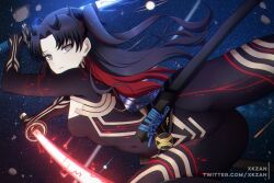  1girl artist_name battle belt belt_buckle black_belt black_bodysuit black_bow black_hair bodysuit bow breasts buckle cleavage cleavage_cutout closed_mouth clothing_cutout comet dual_wielding expressionless eyelashes falling_star fate/grand_order fate_(series) fighting gloves gold grey_eyes groin hair_bow hair_ornament highres holding holding_sword holding_weapon horns ishtar_(fate) katana latex long_hair long_sleeves looking_at_viewer medium_breasts multicolored_hair navel night night_sky outdoors paid_reward_available parted_bangs petite planet red_hair sheath shiny_clothes skin_tight sky solo space space_ishtar_(fate) space_ishtar_(first_ascension)_(fate) star_(sky) starry_sky sword thighs tight_clothes twitter_username two-tone_hair two_side_up weapon xkzan 